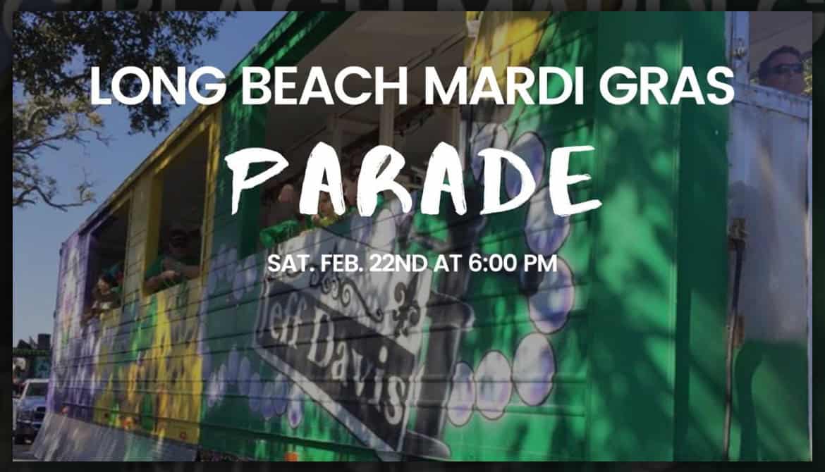 A colorful Mardi Gras parade float with people aboard and large beads, promoting the Long Beach Mardi Gras Parade on Sat., Feb. 22nd at 6:00 PM.