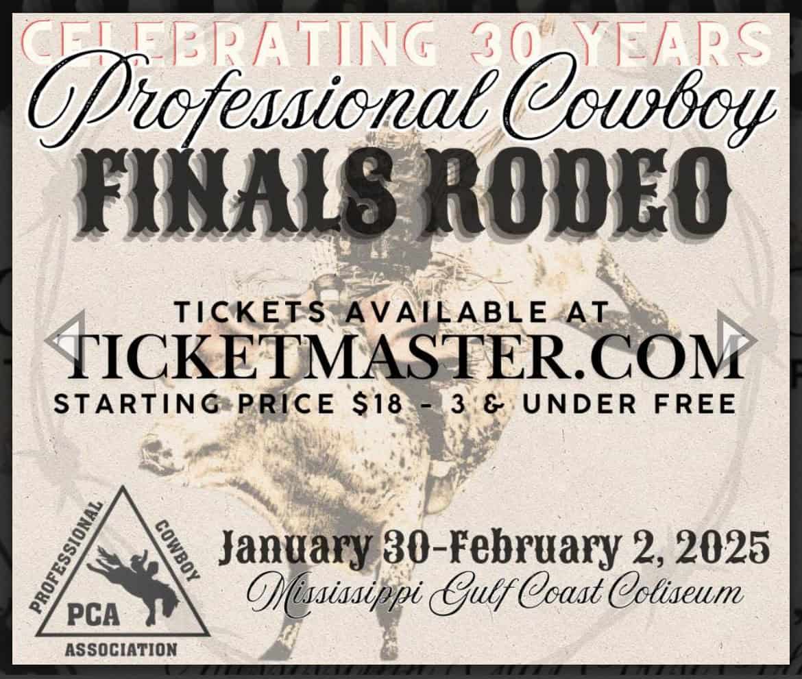 Promotional poster for the Professional Cowboy Finals Rodeo at Mississippi Gulf Coast Coliseum, Jan 30–Feb 2, 2025; tickets at ticketmaster.com, kids 3 & under free.