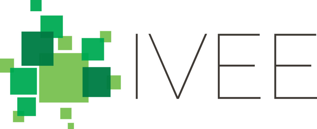 The image displays the word "IVEE" in thin black letters next to overlapping green squares and rectangles of varying shades and sizes.