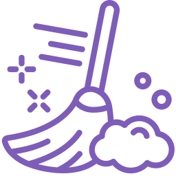 Purple line drawing of a broom sweeping dust, with motion lines and sparkles indicating cleaning in progress.