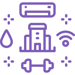 Purple icons represent amenities: a building, dumbbell, Wi-Fi symbol, air conditioner, water droplet, and sparkles, on a light background.