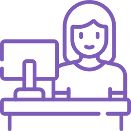 Purple line drawing of a person with medium-length hair sitting at a desk and working on a computer monitor.