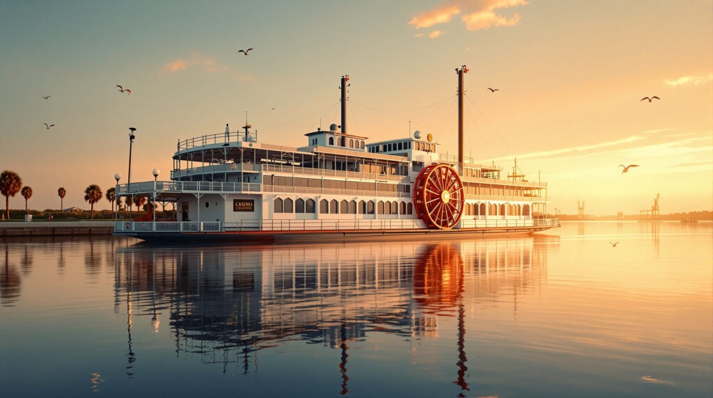 A classic white paddlewheel riverboat casino sits docked at sunrise on a calm bay, with subtle signs of restoration and a warm, misty glow over the water.