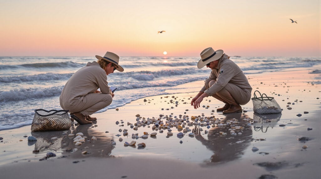 Two naturalists examining colorful sunrise shells in a tide pool on a sandy Gulf Coast beach at dawn, with soft orange-pink light and gentle waves in the background.