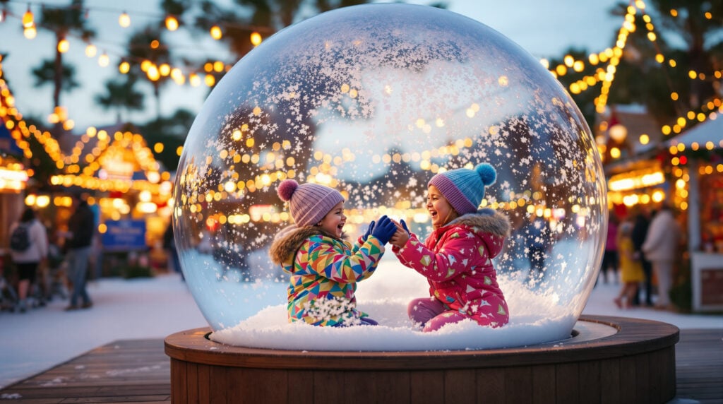 Two children smiling inside a large walk-in snow globe surrounded by swirling artificial snow in a festive outdoor holiday village decorated with string lights and blurred palm trees in the background.