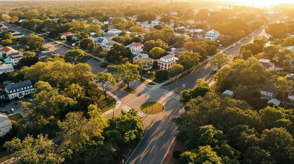 Aerial view of a Biloxi neighborhood showing a diagonal street intersecting a right-angled grid, lined with pastel cottages and live oak trees under soft morning light.