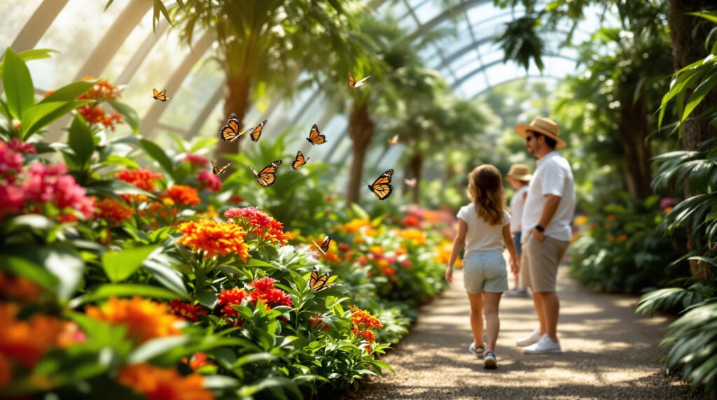 Family observing butterflies in a lush indoor conservatory with tropical plants and natural sunlight, featuring monarchs and gulf fritillaries fluttering around colorful flowers.