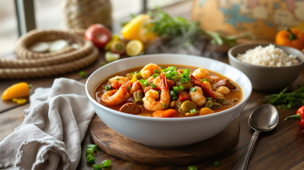 A steaming bowl of seafood gumbo with shrimp, crab claws, sausage, and okra, garnished with green onions, served on a rustic wooden table with fresh vegetables, rice, a linen napkin, and an antique spoon, softly lit with warm natural light.