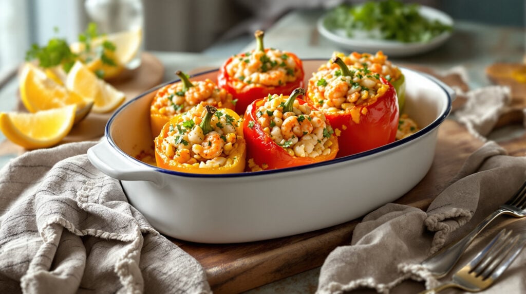 Seafood-stuffed bell peppers filled with shrimp, crab, and rice, garnished with parsley and lemon wedges on a white baking dish, set on a rustic wooden table.