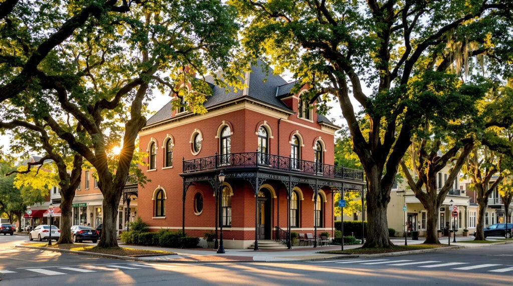 Historic red-brick home with arched windows and wrought-iron balcony, framed by oak trees and Spanish moss on a quiet street in Biloxi