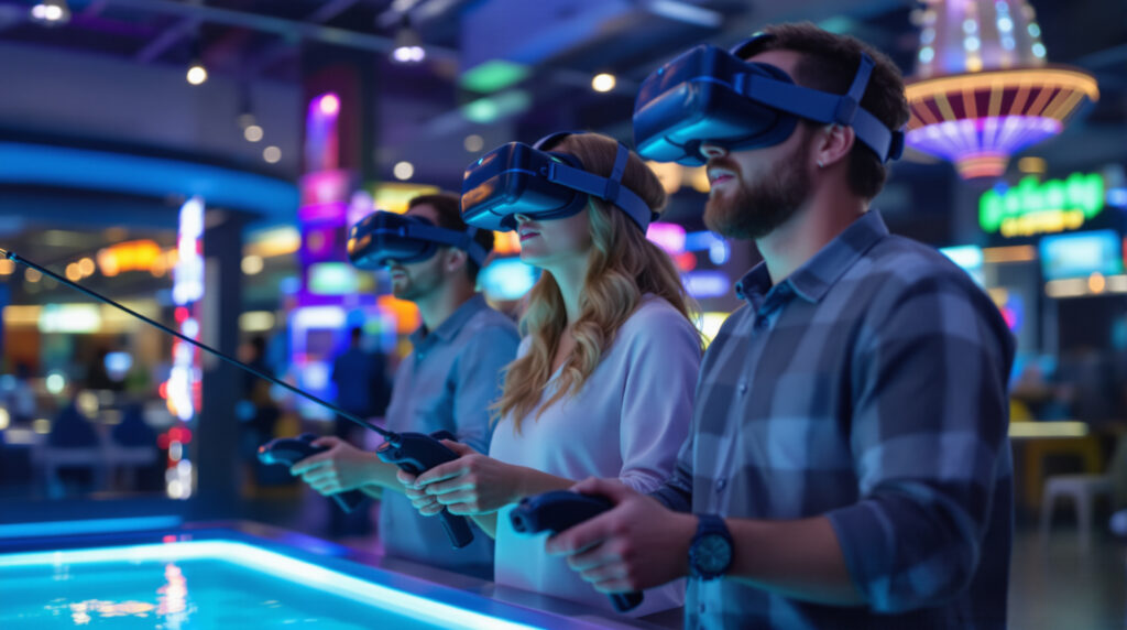Three adults wearing VR headsets participate in a virtual reality fishing game at a modern indoor arcade, standing on a lit platform with colorful ambient reflections, the background softly blurred.