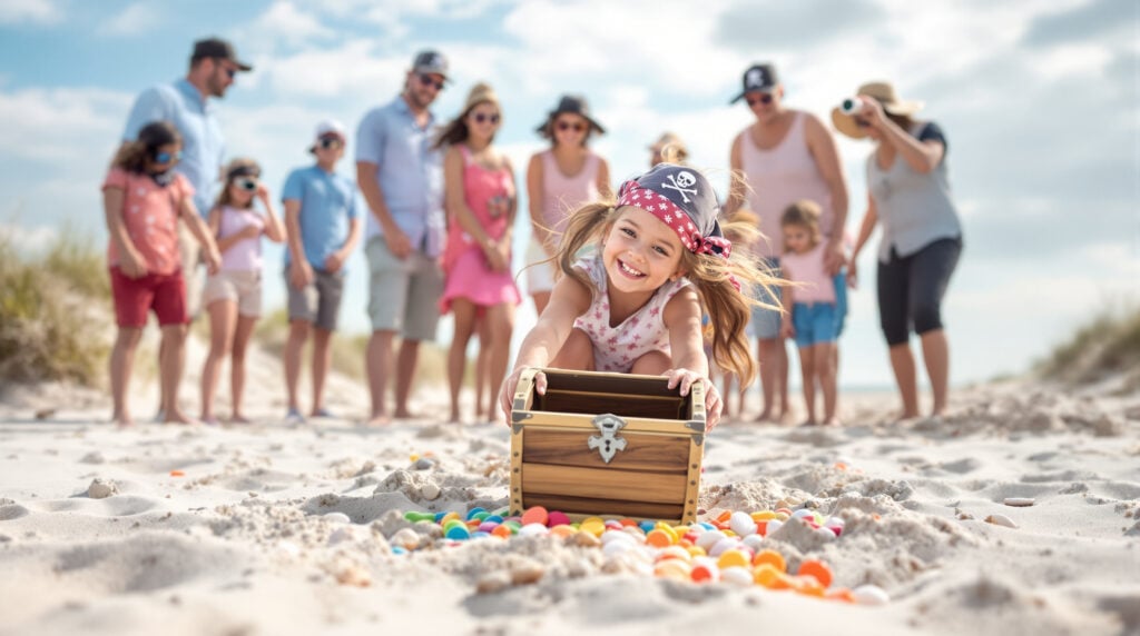 Children and parents in pirate costumes searching for toy coins on a sandy beach, with a girl smiling and holding a small treasure chest, seashells scattered in the sand, and calm water in the background.