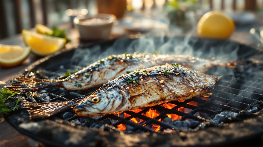 Freshly grilled mullet fillets sizzling on a charcoal grill, with golden crispy skin, garnished with lemon wedges and parsley on a wooden table in warm sunlight, evoking Gulf Coast flavors.