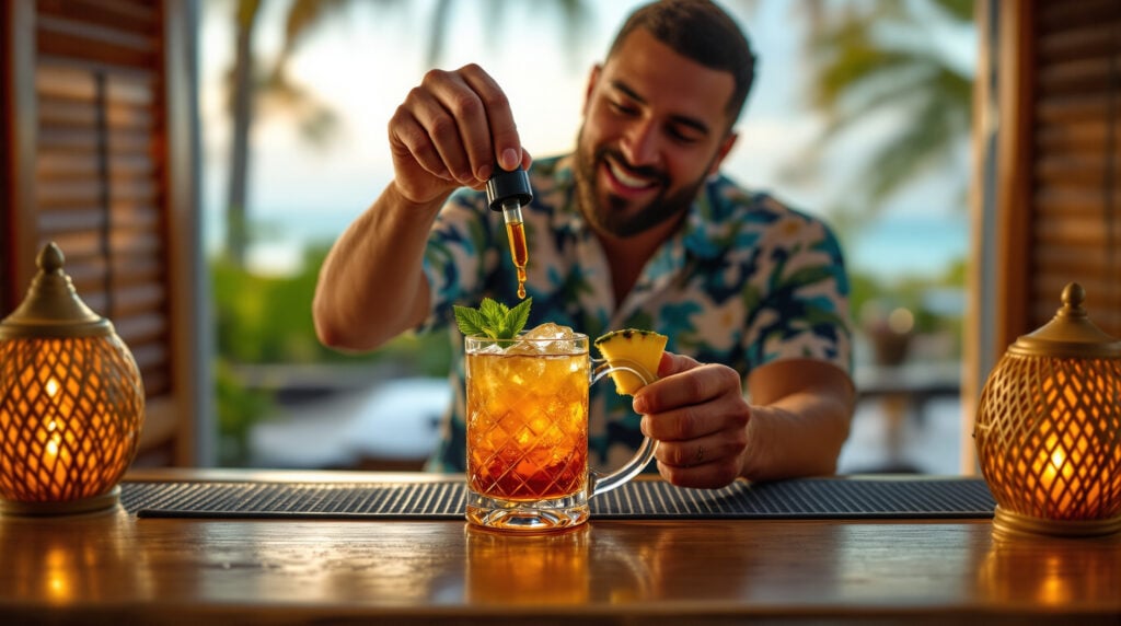 Bartender in a Hawaiian shirt adds handcrafted bitters to a tiki cocktail at a bamboo bar with tropical drink garnishes and soft seaside light in the background.