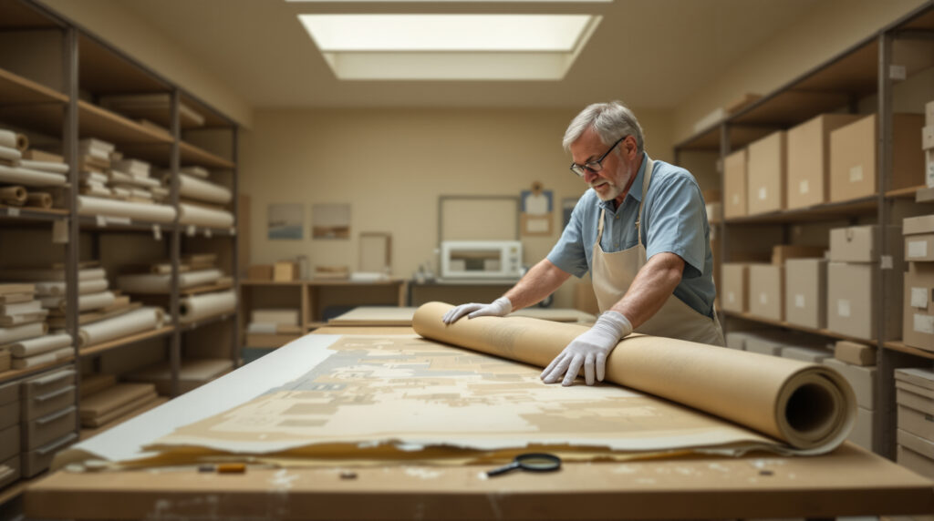 Art conservator in gloves unrolling a faded WPA-era mural fragment on a wooden table in an archival room with shelves and conservation tools visible.