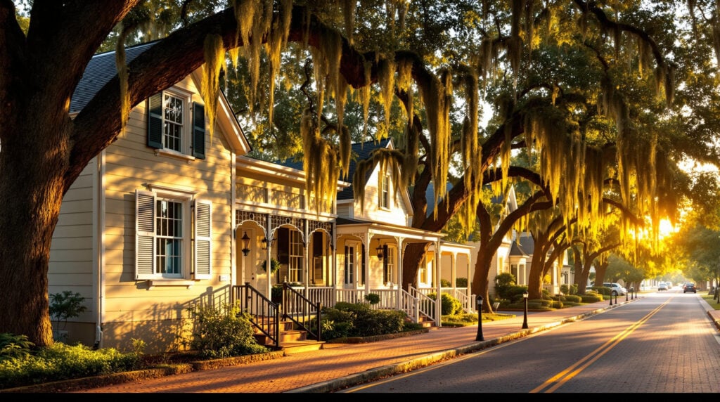 Three pastel 19th-century Creole cottages under oak trees with Spanish moss, dappled sunlight, and a brick sidewalk in a quiet residential neighborhood