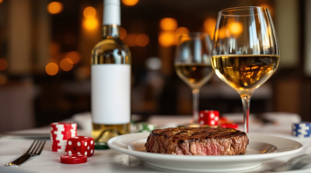 Upscale steakhouse table with ribeye steak, Gulf Coast white wine, casino chips, and dice, set in a warmly lit, generic restaurant interior.