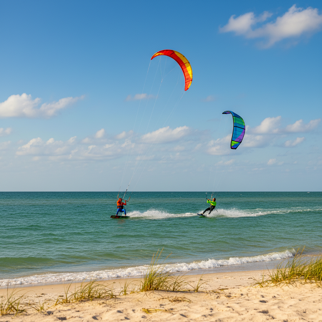 A beginner kiteboarder launching from the wet sand near Gulf Beach RV Resort in Biloxi, with shallow Gulf waters and a blue sky in the background.