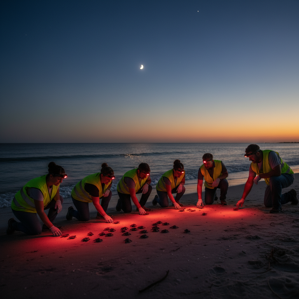 Volunteers with red headlamps walking at dawn on Biloxi beach, watching sea turtle hatchlings cross the sand toward the Gulf, with RVs and resort lights in the background