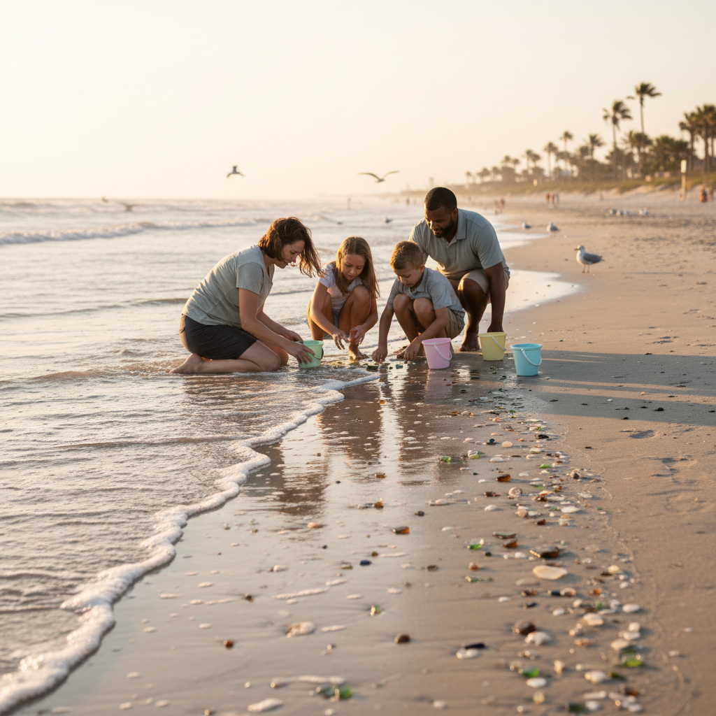 Family searching for colorful sea glass on Biloxi Beach near the shoreline with gentle waves and blue sky in the background