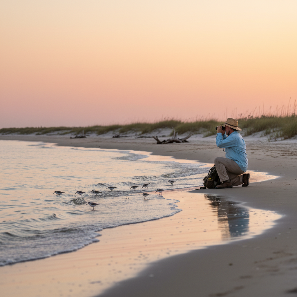 Family stands near Gulf Beach RV Resort at sunrise, watching shorebirds along Biloxi’s sandy shoreline with casino skyline softly illuminated in the background