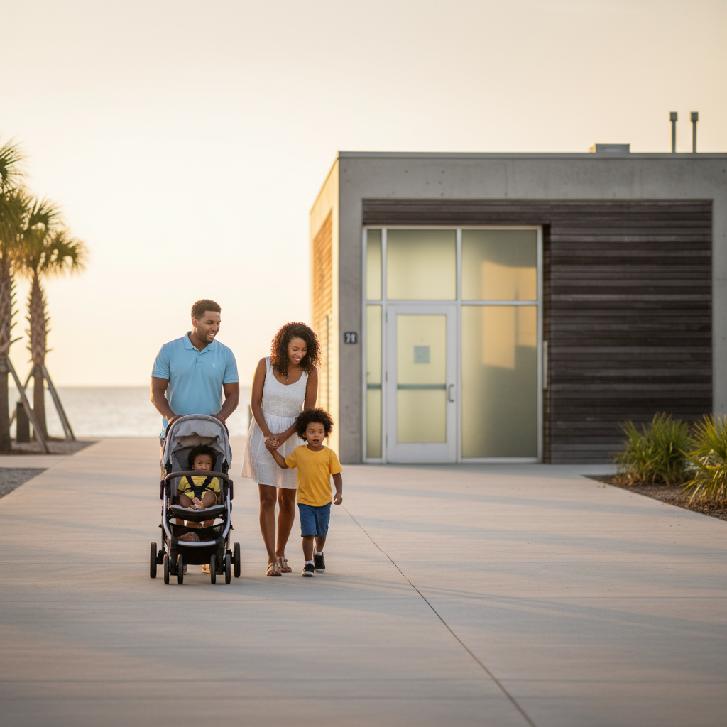 Illustrated map guide showing nearest family restrooms near major Biloxi event areas, with icons for changing tables, stroller space, and step-free access.