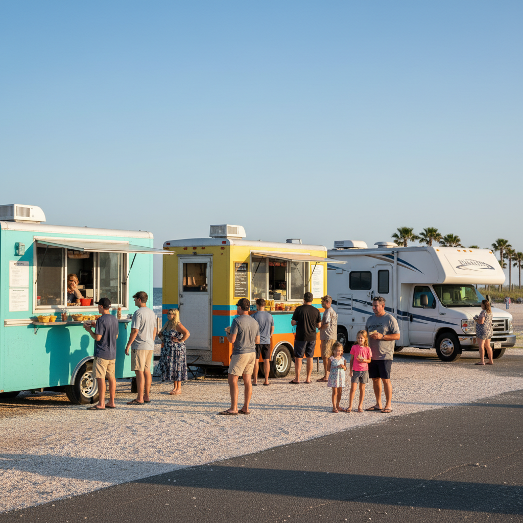 An RV parked near Biloxi beachfront with food trucks and families enjoying outdoor dining at sunset.