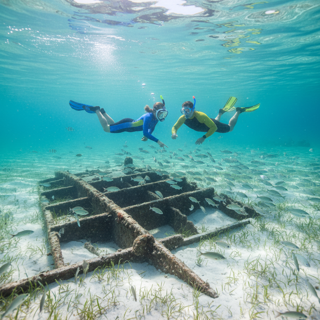 A family in snorkel gear prepares to enter shallow Gulf water near Ship Island Pass, with concrete wreckage and clear skies in the background.