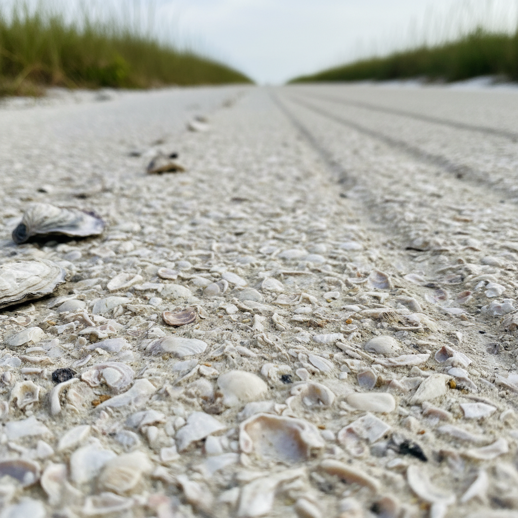 Pale, chalky road shoulder with crushed oyster shell fragments visible along the edge of a coastal street in Biloxi, Mississippi
