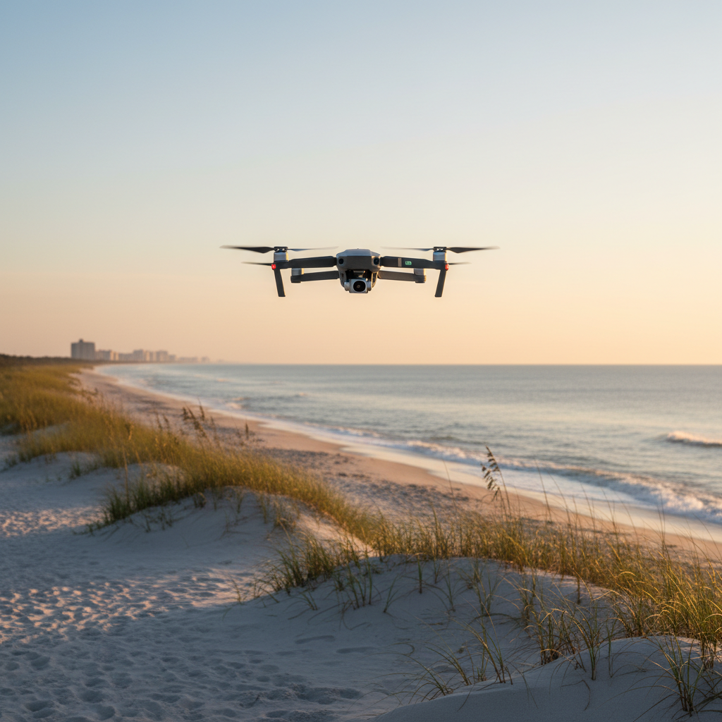 Drone flying over the Biloxi, Mississippi coastline at sunrise with the Gulf of Mexico and beach below