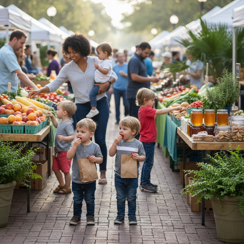 Colorful display of fresh farmers market produce and kid-friendly snacks in Biloxi, Mississippi