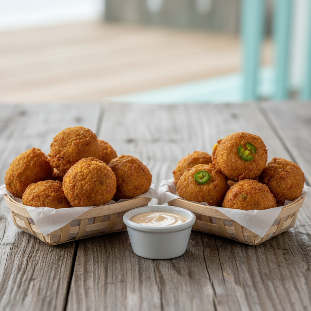 Basket of golden-brown hushpuppies served with dipping sauce in Biloxi, Mississippi