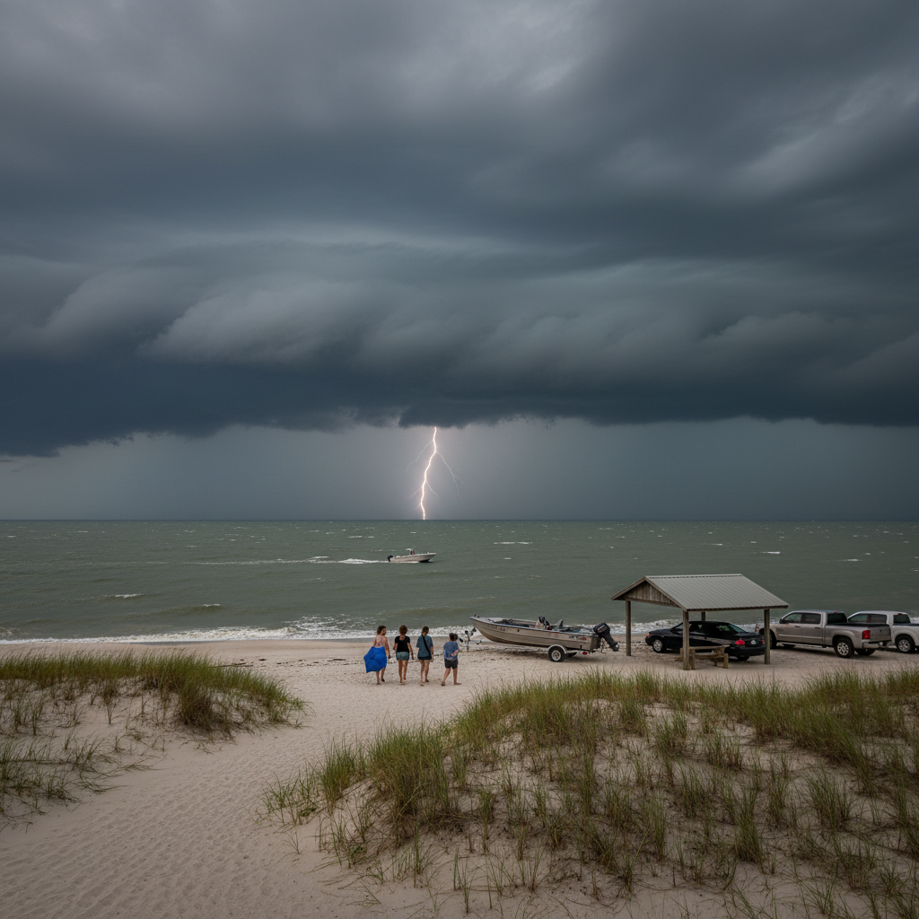 Biloxi beach under darkening storm clouds as lightning safety reminder to leave the shoreline when thunder starts