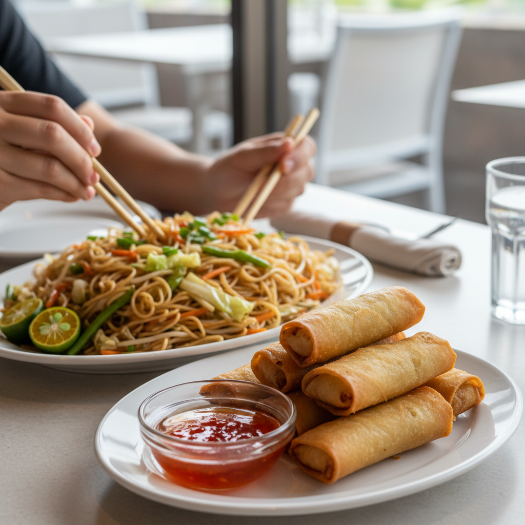 Takeout tray of crispy fried lumpia and pancit noodles ready for a beach picnic in Biloxi, Mississippi
