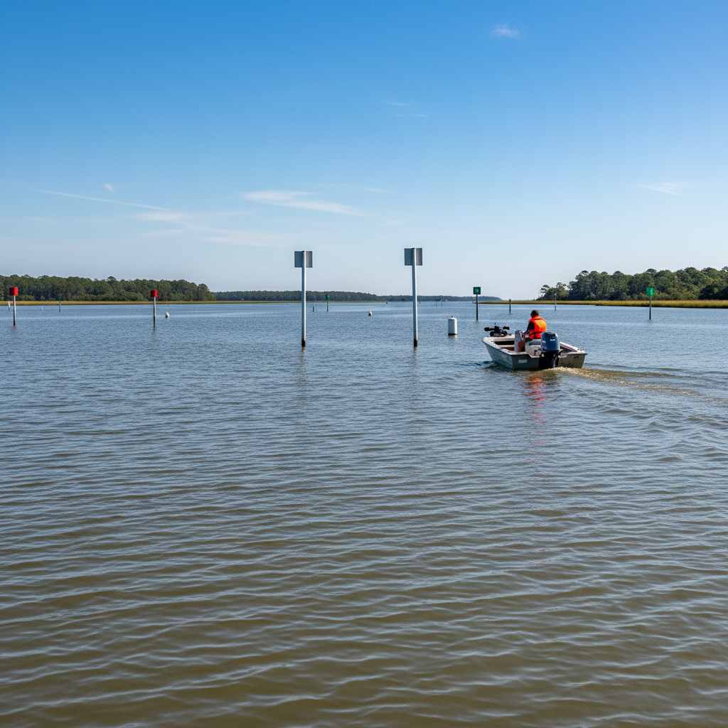 Red and green navigation channel markers in Biloxi Back Bay near Deer Island, guiding boats through the dredged channel toward the U.S. Highway 90 bridge.