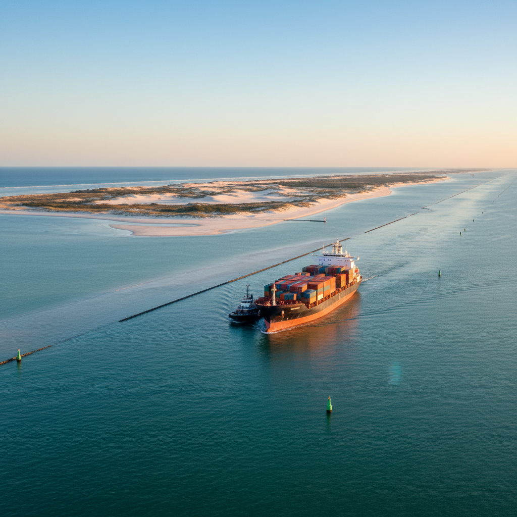 View from Biloxi Mississippi shoreline toward the Mississippi Sound, with barrier islands on the horizon and boats following marked shipping channels near Ship Island and Dog Keys Pass