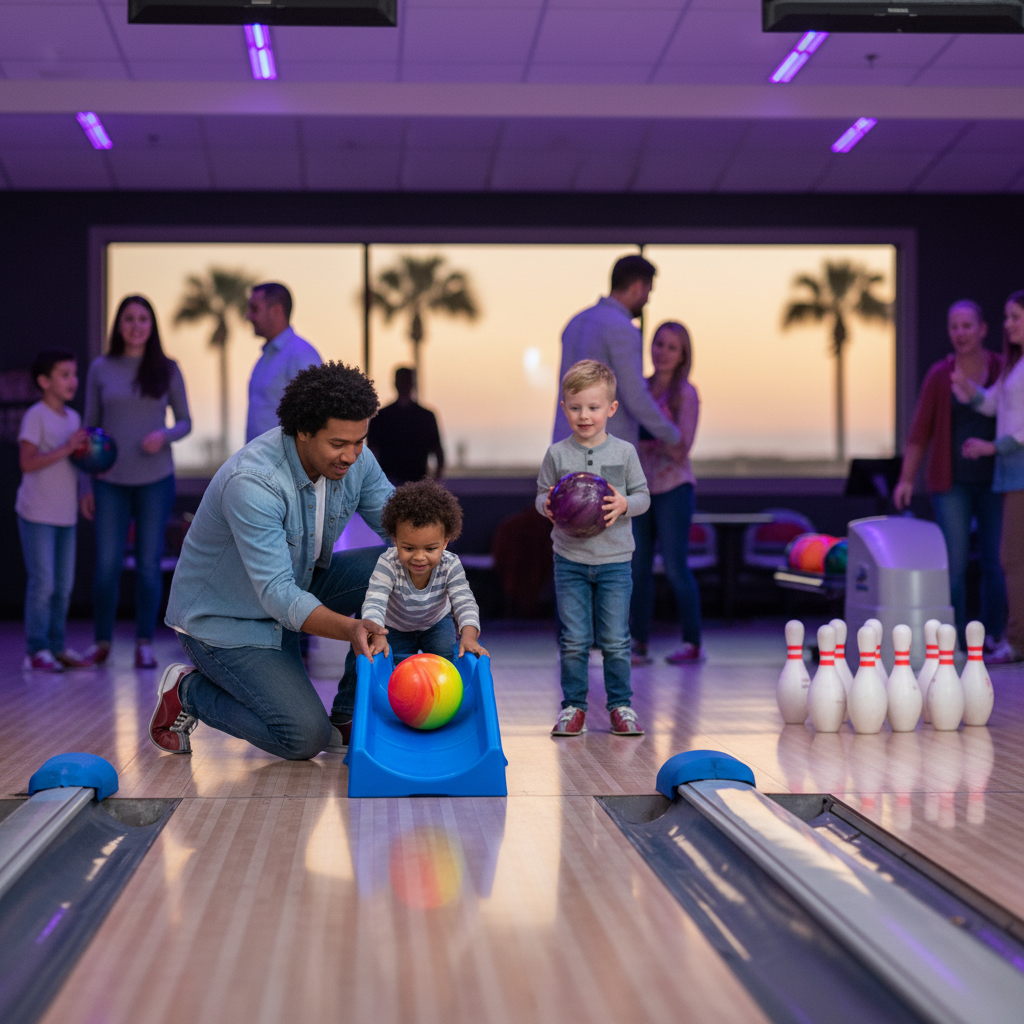 Family bowling in Biloxi with kids using lane bumpers as parents watch from seating area under colorful alley lights