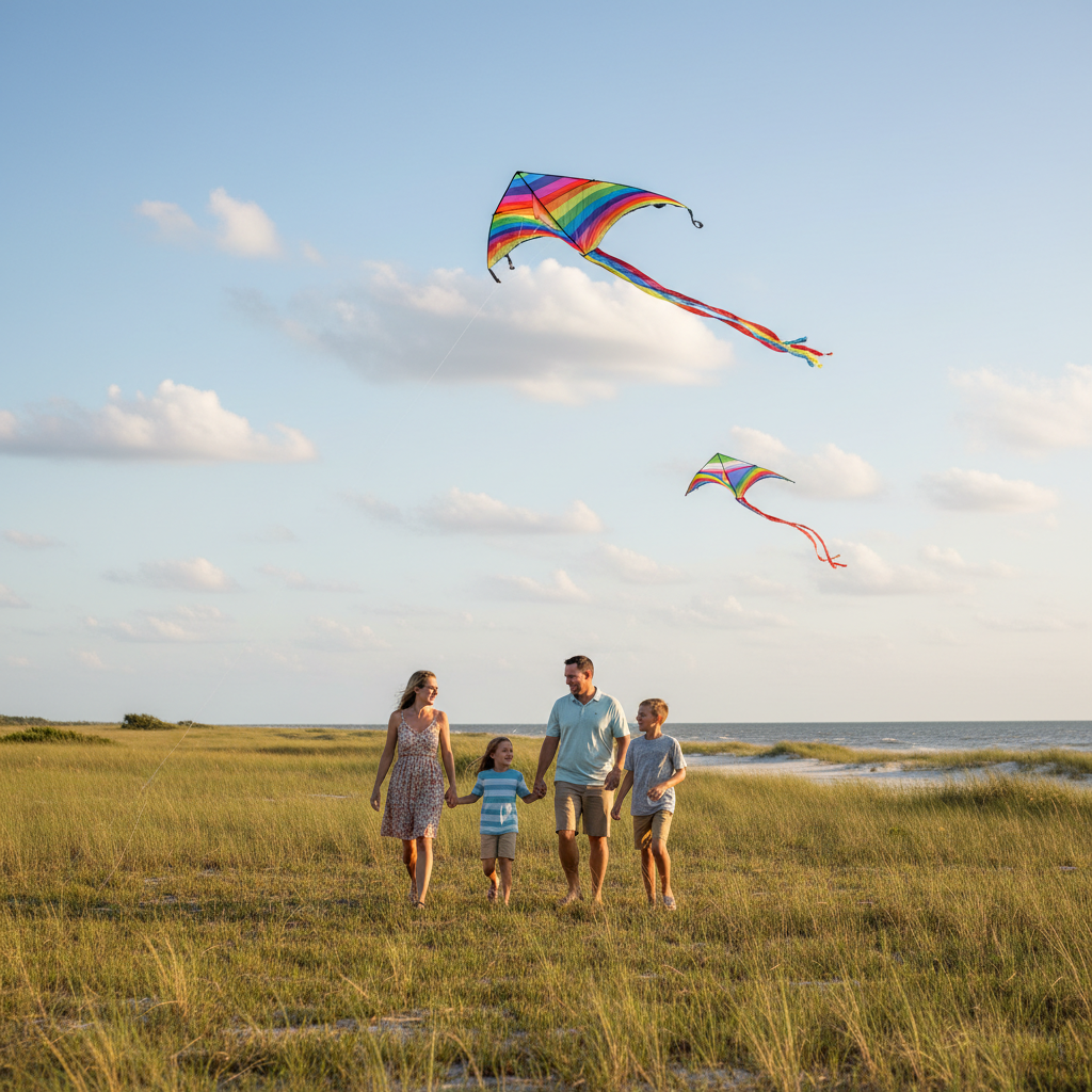 Family flying a colorful kite in an open grassy park in Biloxi, Mississippi on a breezy day