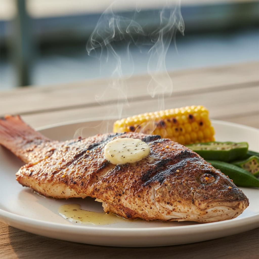 Blackened redfish on the half shell with smoky Cajun crust and crawfish cream sauce, served in Biloxi, Mississippi
