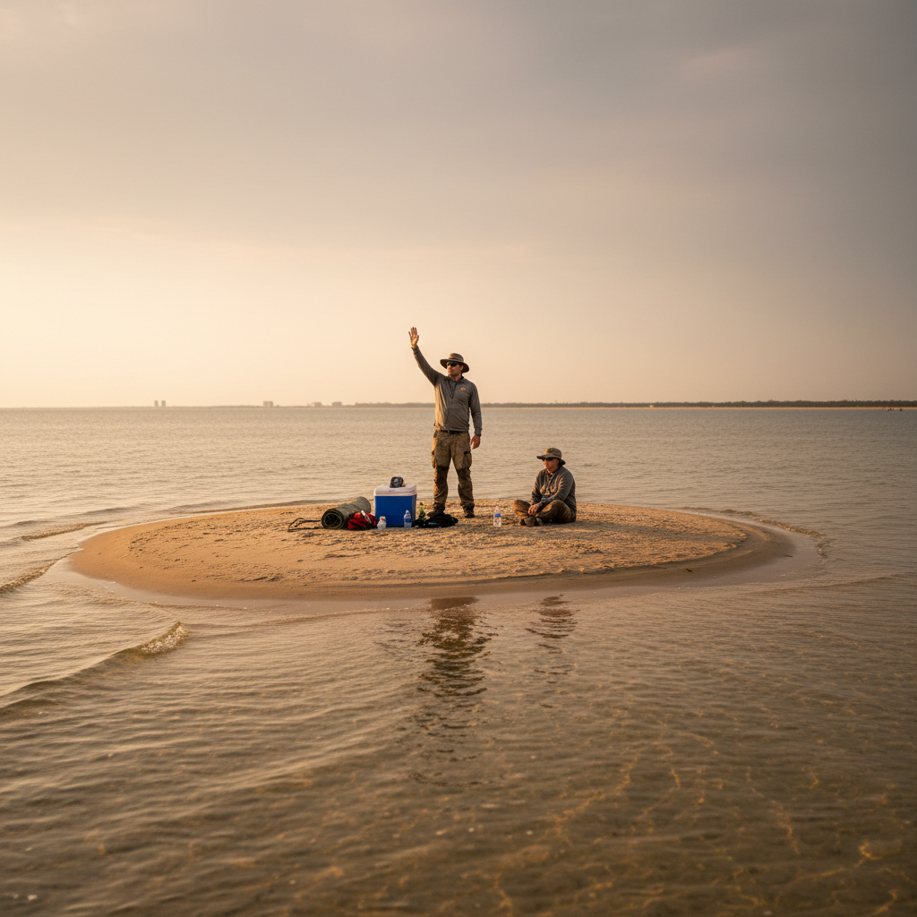 Family with children and a dog standing on a sandy Biloxi shoreline near shallow water, watching the tide change on the Mississippi Sound