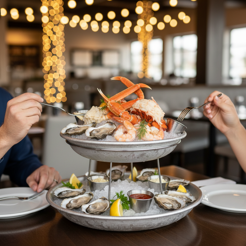 Chilled seafood tower on ice with oysters on the half shell, shrimp cocktail, crab, lemon wedges, and cocktail sauces in Biloxi, Mississippi