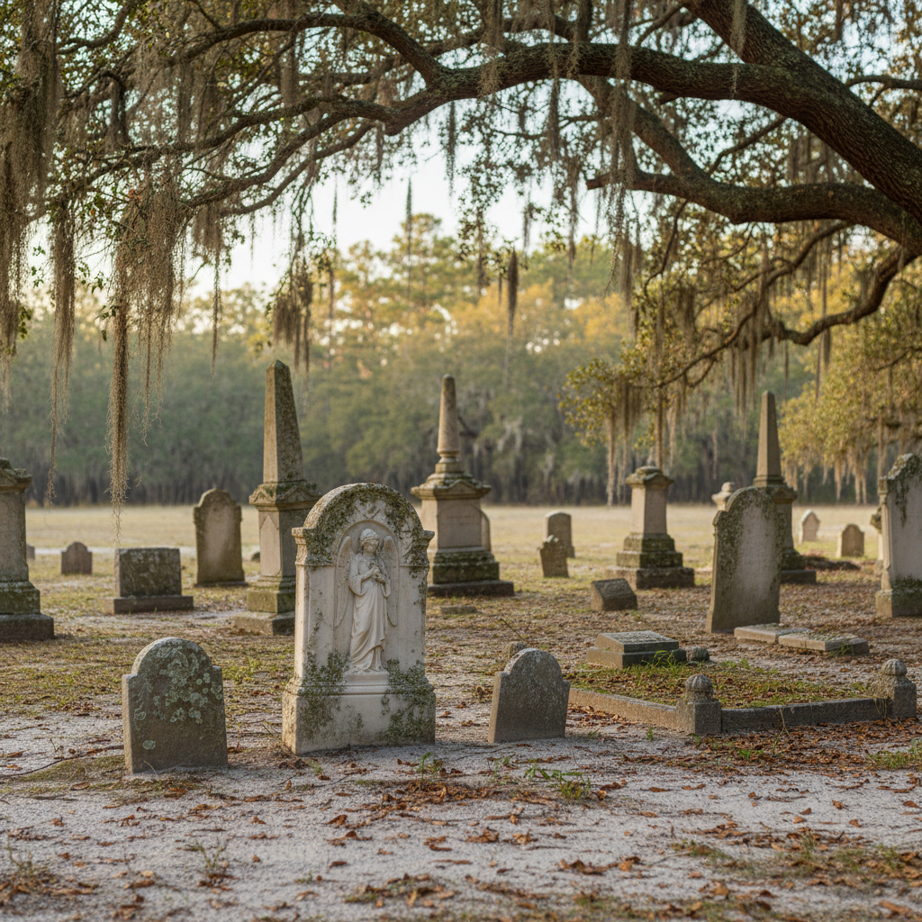 View of weathered gravestones and monuments at Old Biloxi Cemetery in Biloxi, Mississippi, showing historic markers and memorial styles under Gulf Coast trees
