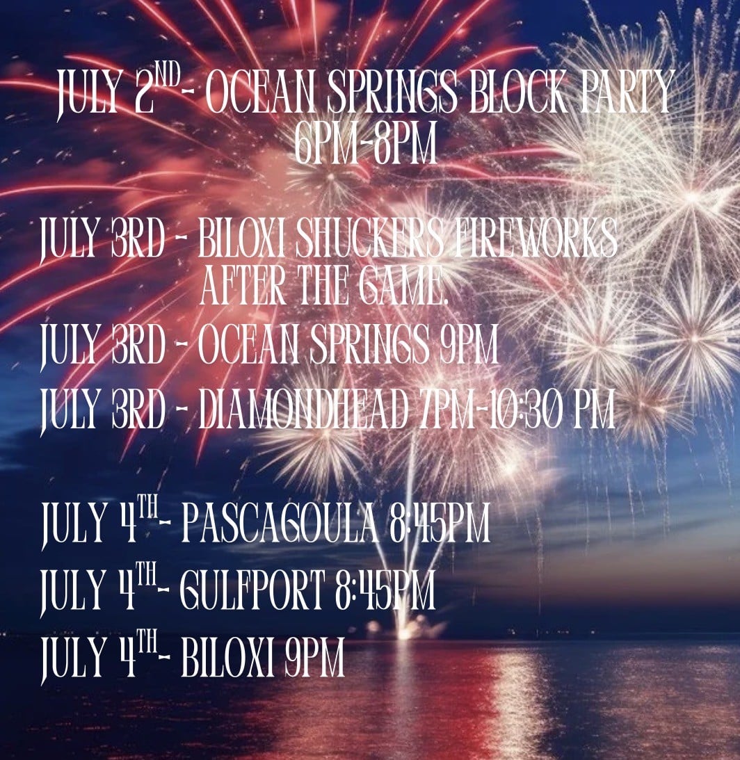 Fireworks in the night sky with overlay text listing July 2-4 Gulf Coast block parties and fireworks events with dates, times, and locations.