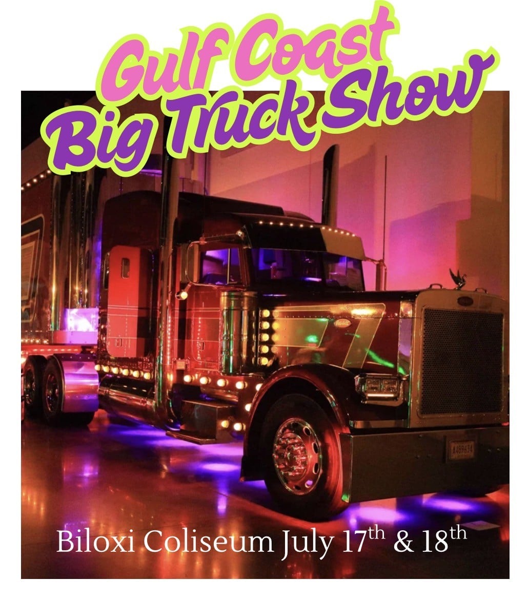 A large semi-truck with colorful lights on display inside a building. Text reads: Gulf Coast Big Truck Show, Biloxi Coliseum July 17th & 18th.