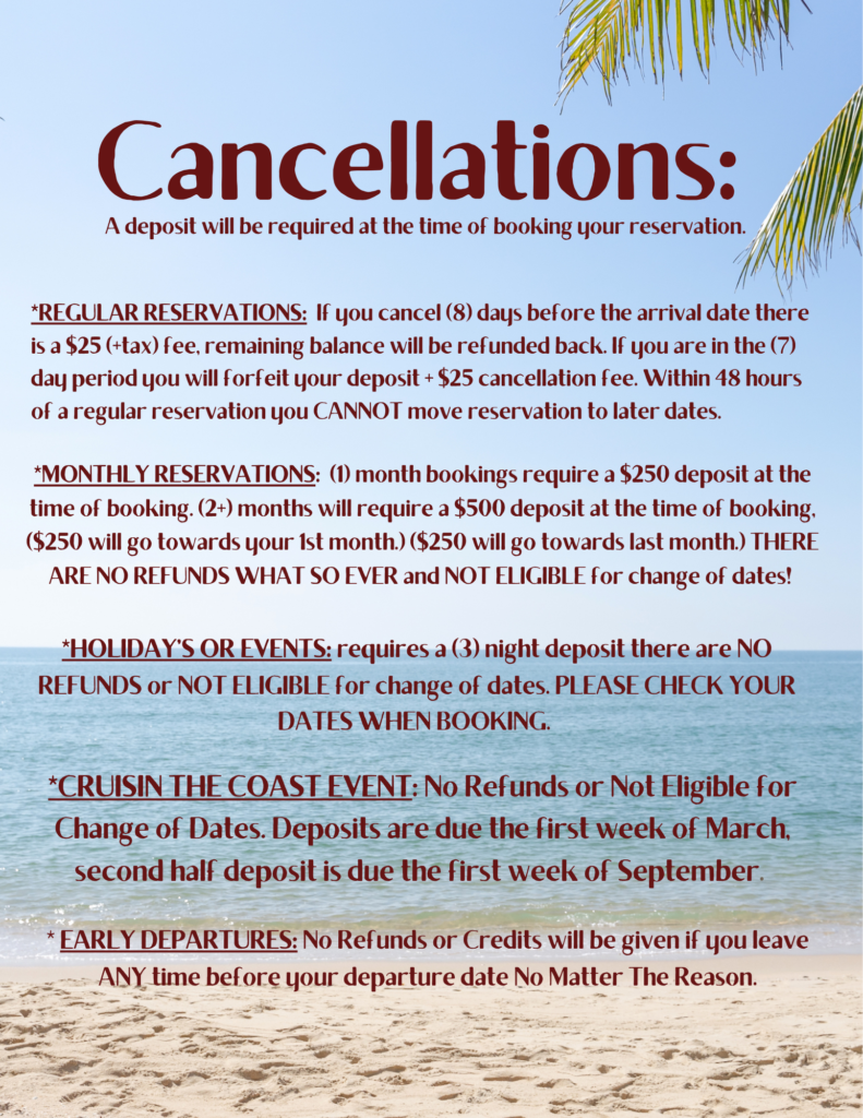 Reservation cancellation policy with details for regular and monthly reservations, holidays, events, and early departures, emphasizing non-refundable deposits and penalties for changes or cancellations.