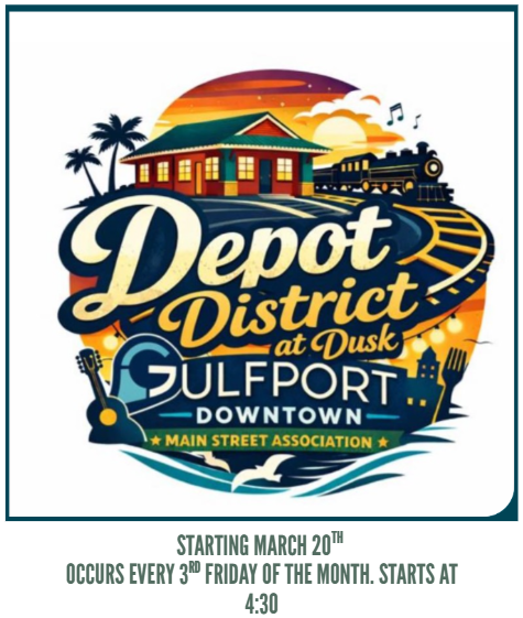 Colorful event logo for "Depot District at Dusk" in Gulfport Downtown, showing a train, guitar, palm tree, and sunset. Text notes event starts March 20, every 3rd Friday, at 4:30.