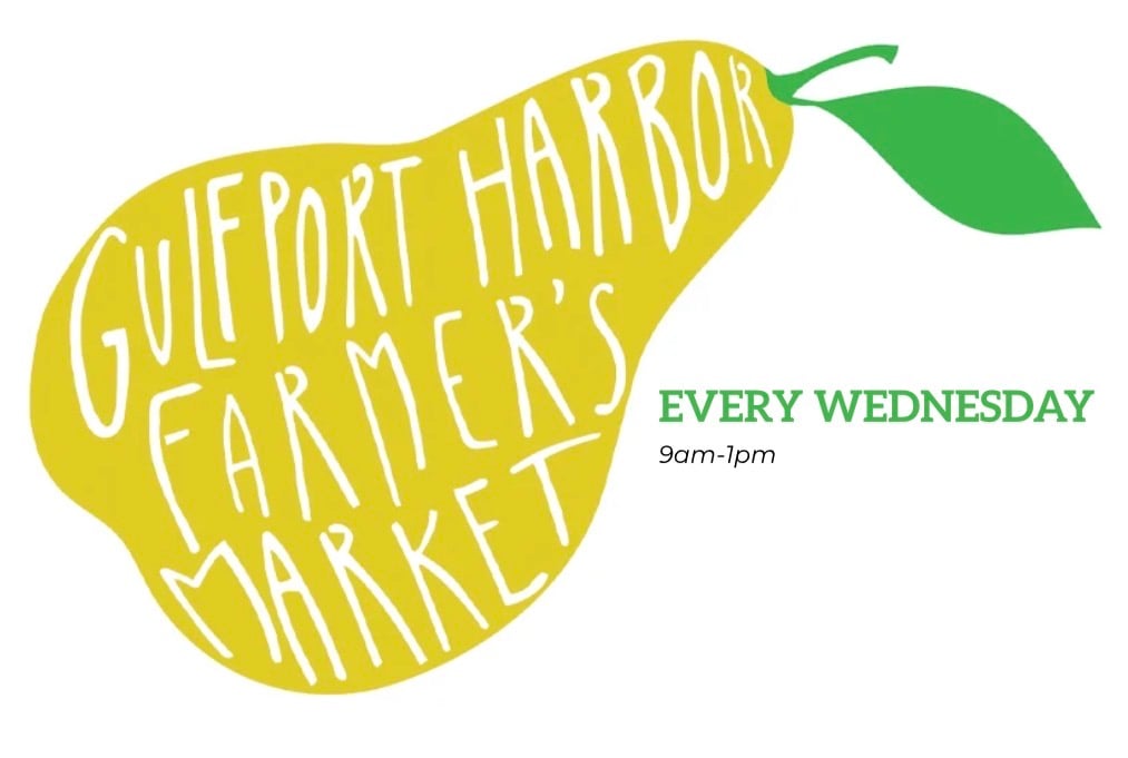 Illustration of a pear with the text "Gulfport Harbor Farmer's Market." To the right, text reads "Every Wednesday 9am-1pm" in green.