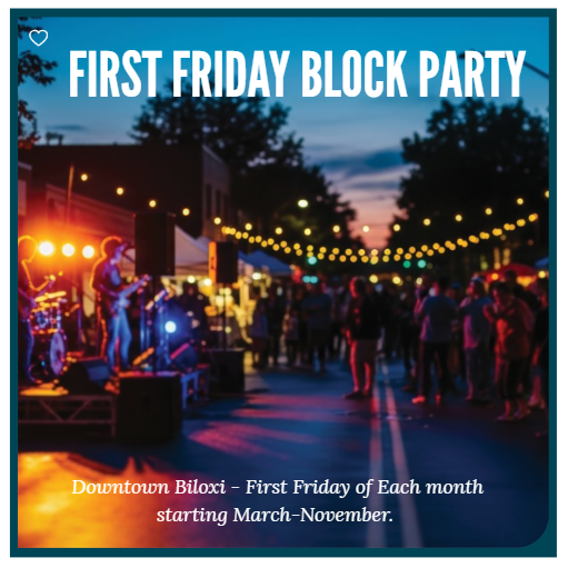 A street block party at sunset with a live band performing, string lights overhead, and people milling around vendor tents in downtown Biloxi.
