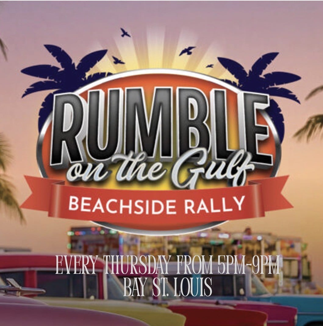 Rumble on the Gulf Beachside Rally event sign with palm trees, cars, and text: "Every Thursday from 5PM-9PM, Bay St. Louis.