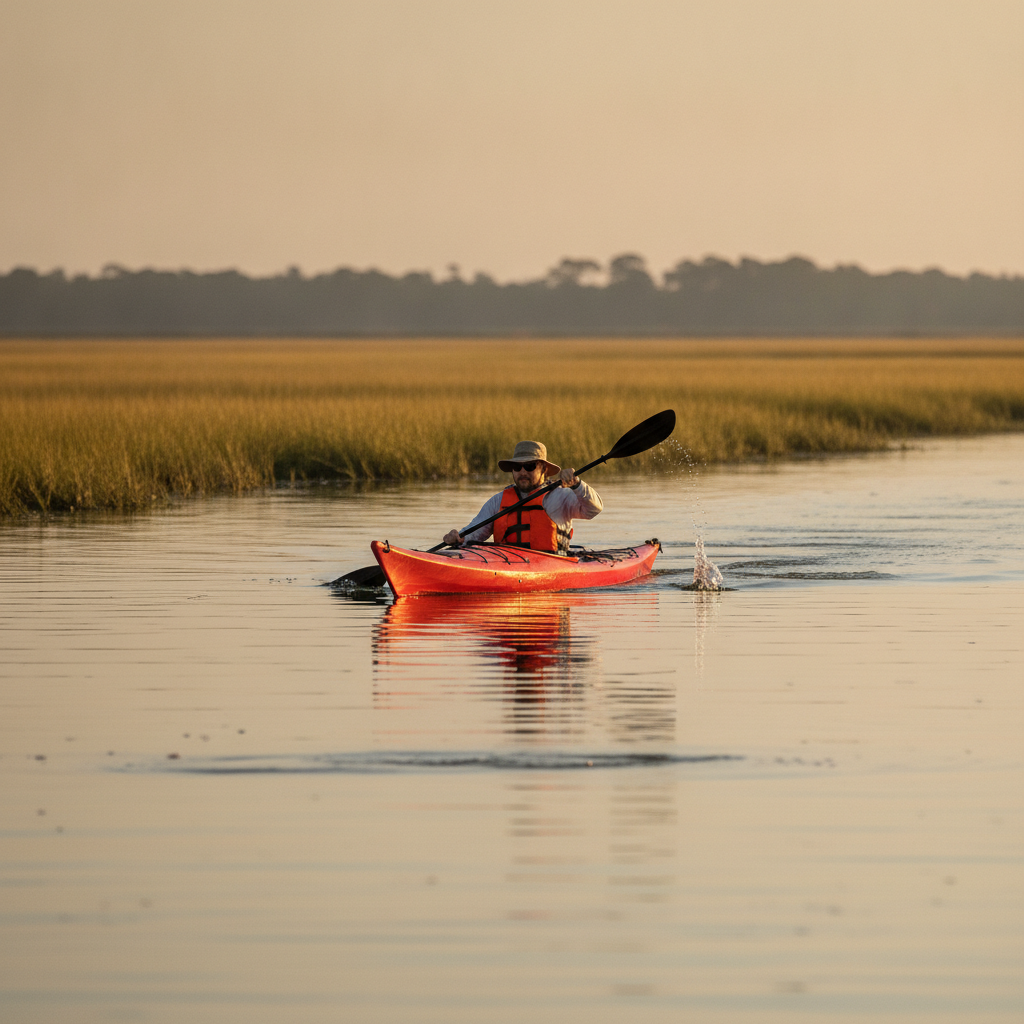 Kayaker paddling calm water in Biloxi Back Bay, Mississippi, on a clear day near coastal marsh shoreline